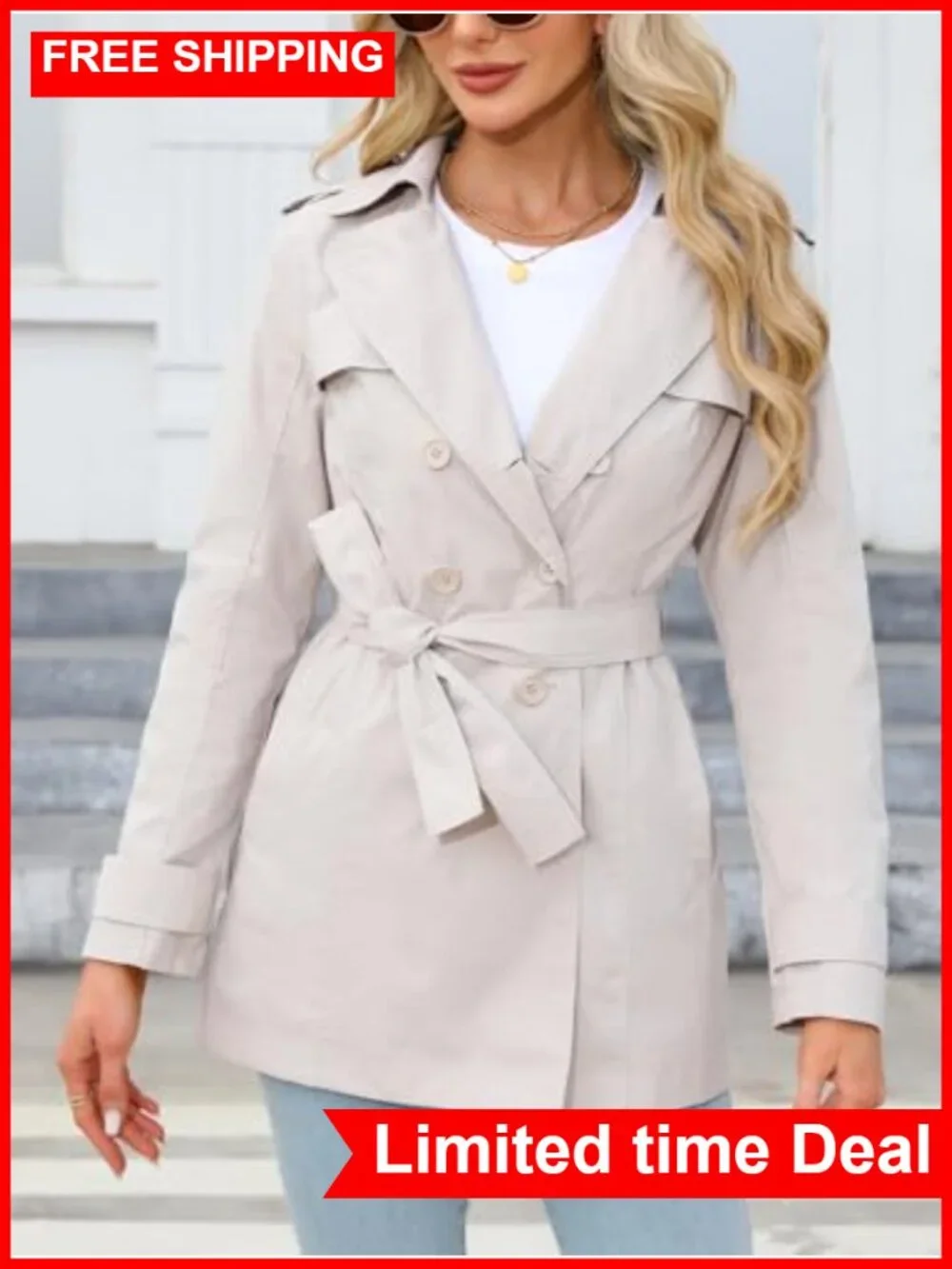 Women's Cropped Trench Coat Double Breasted Belted Jacket